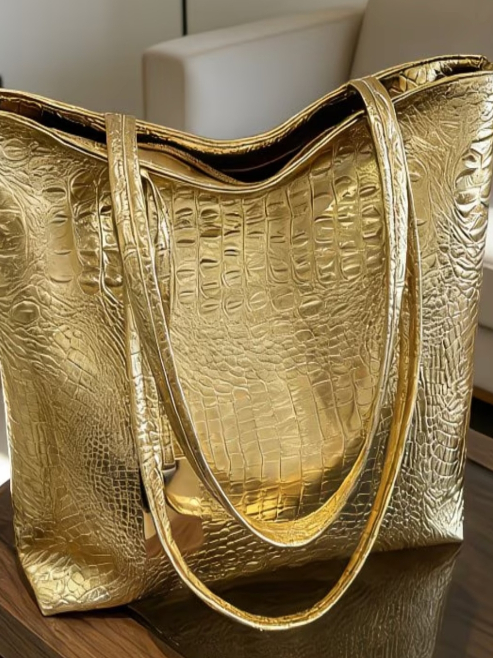 Metallic Gold Croc-Embossed Tote Bag – Stylish Everyday Carry
